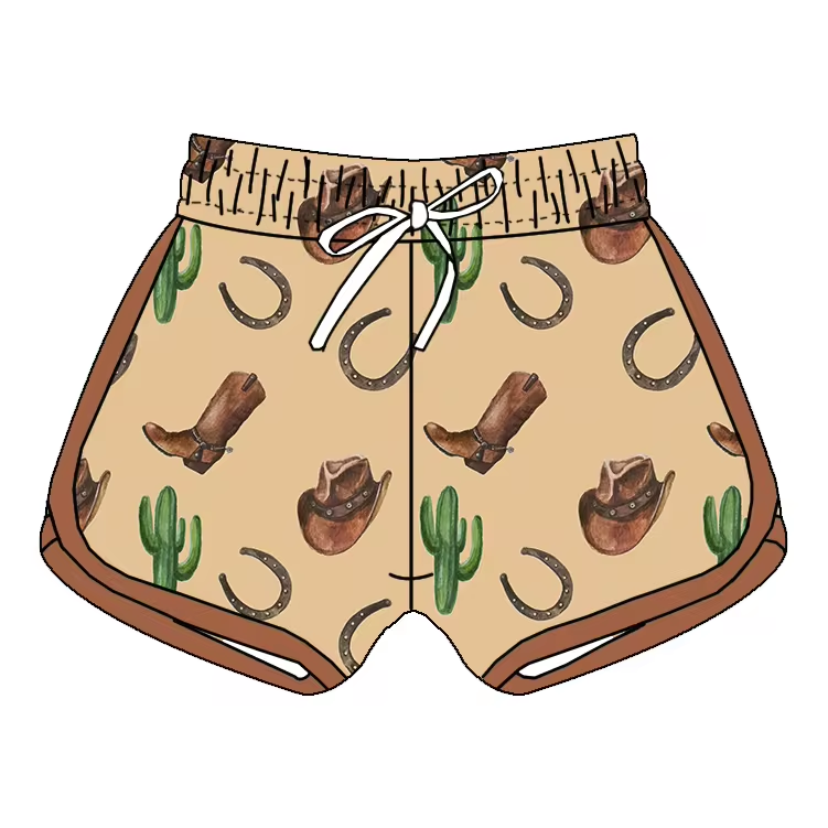 (Custom Design Preorder MOQ 5) Boots Cactus Hat Print Kids Western Summer Shorts