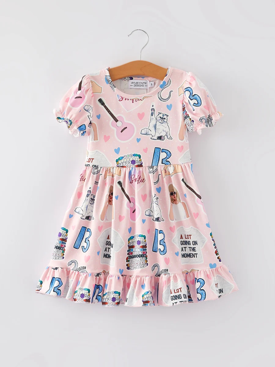 (Custom Design Preorder MOQ 5) Singer Swiftie Cat Pink Print Girls Summer Knee Length Dress