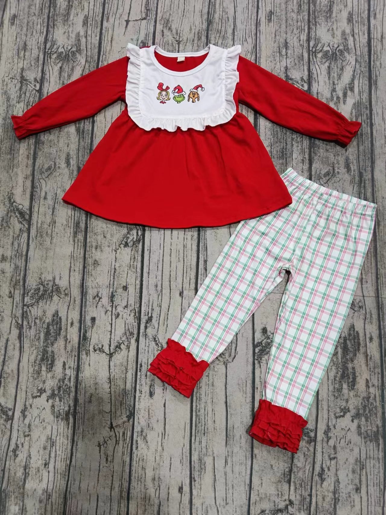 (Custom Design Preorder MOQ 5) Green Frog Red Tunic Top Plaid Pants Girls Christmas Clothes Set