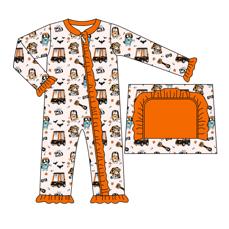 (Custom Design Preorder MOQ 20) Cartoon Dog Print Baby Girls Halloween Bamboo Sleeper Zipper Romper
