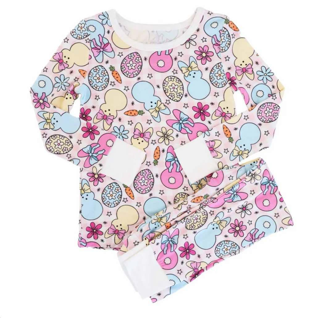 (Custom Design Preorder MOQ 5)Bunny Flowers Eggs Print Girls Easter Pajamas Clothes Set