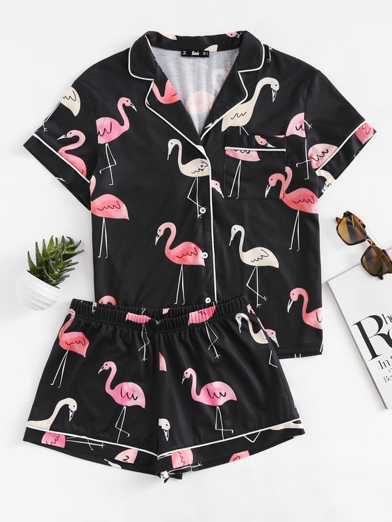 (Custom Design Preorder MOQ 5) Flamingo Print Girl Summer Pajamas Clothes Set