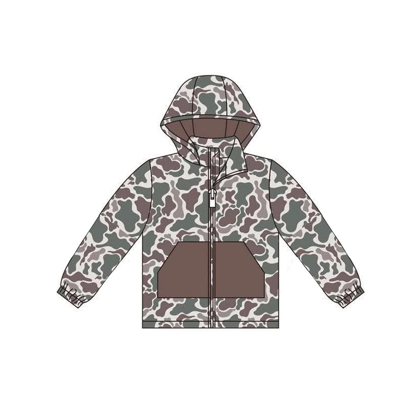 (Custom Design Preorder MOQ 5) Dark Brown Camo Print Boys Long Sleeve Zipper Pockets Jacket Top
