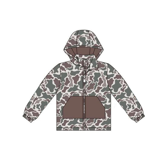 (Custom Design Preorder MOQ 5) Dark Brown Camo Print Boys Long Sleeve Zipper Pockets Jacket Top