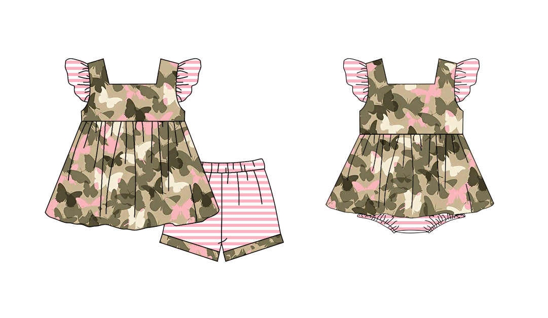 (Custom Design Preorder MOQ 5) Butterfly Camo Print Baby Girls Summer Romper