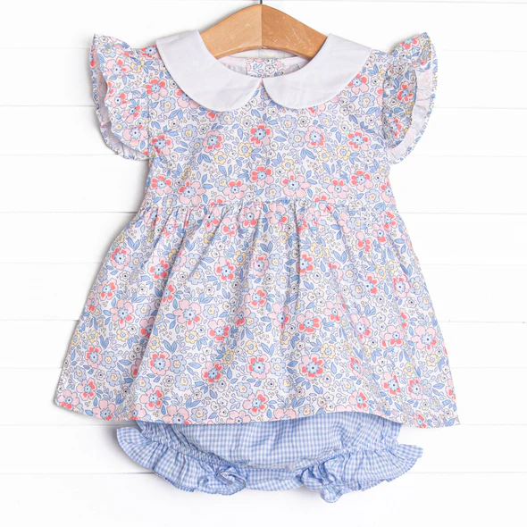 (Custom Design Preorder MOQ 5) Flowers Top Blue Plaid Shorts Baby Girls Summer Bummie Set
