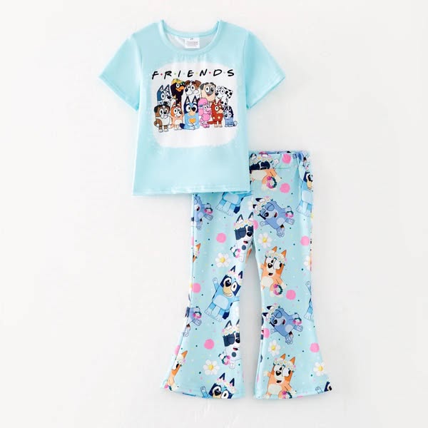 (Custom Design Preorder MOQ 5) Cartoon Dog FRIENDS Top Bell Pants Girls Clothes Set