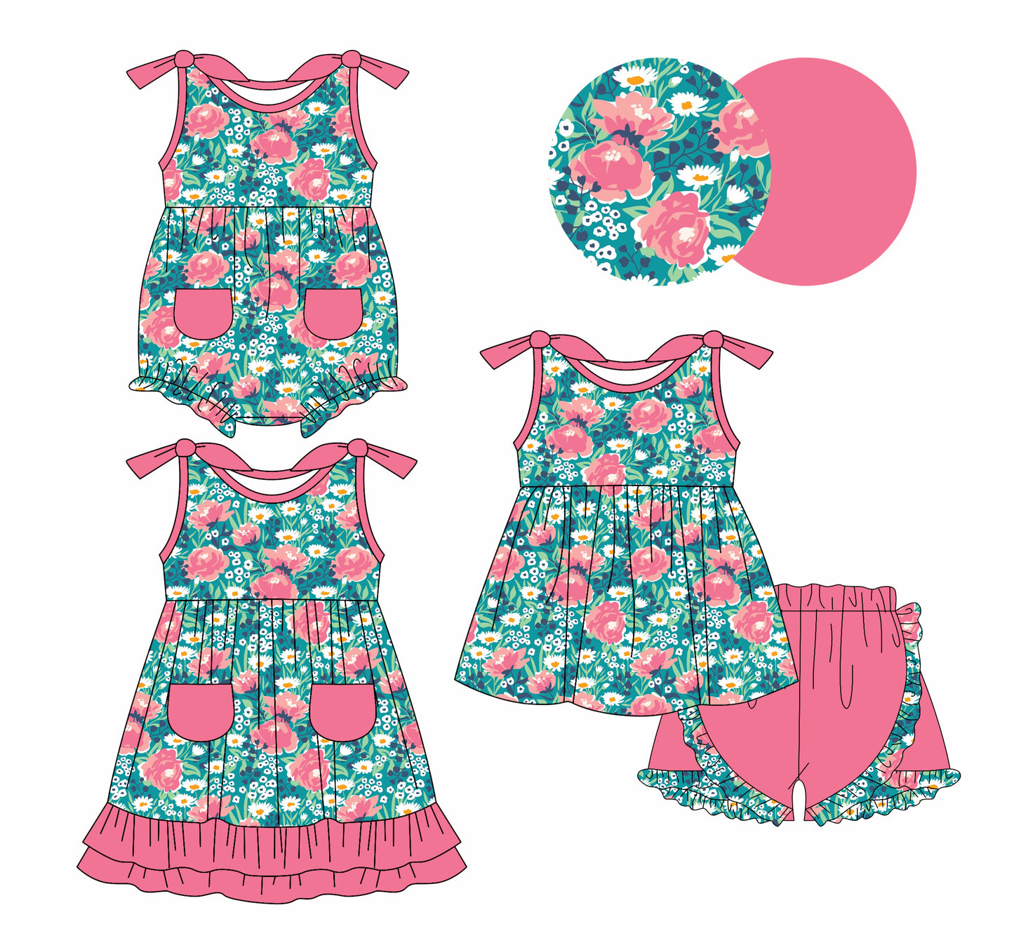 1.7(Custom Design Preorder MOQ 5 Each Design) Flowers Green Pink Print Girls Summer Matching Clothes Sisters Wear