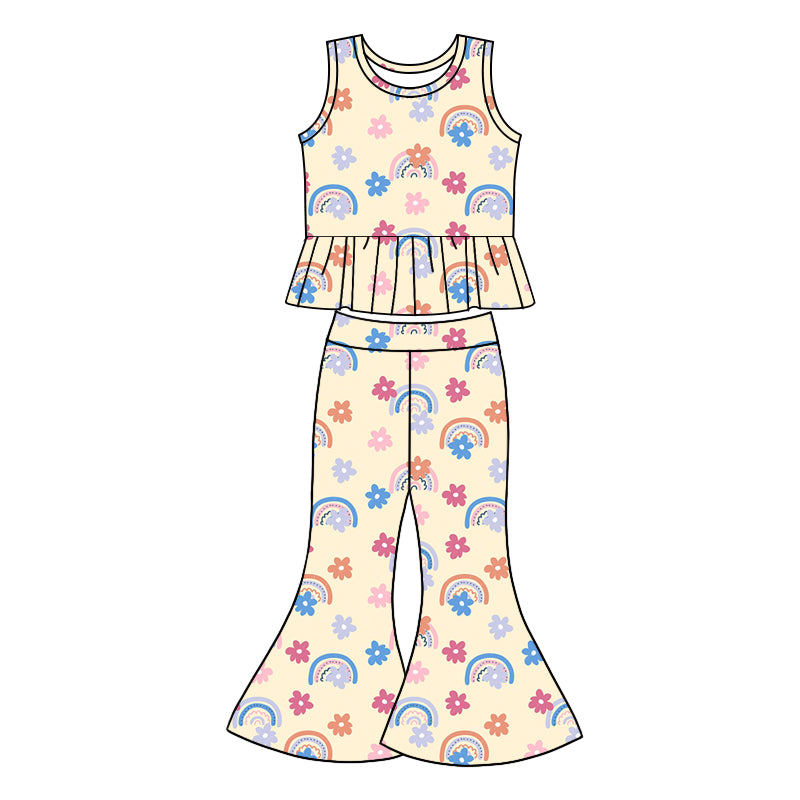 1.7(Custom Design Preorder MOQ 5) Rainbow Flowers Print Bell Pants Girls Clothes Set