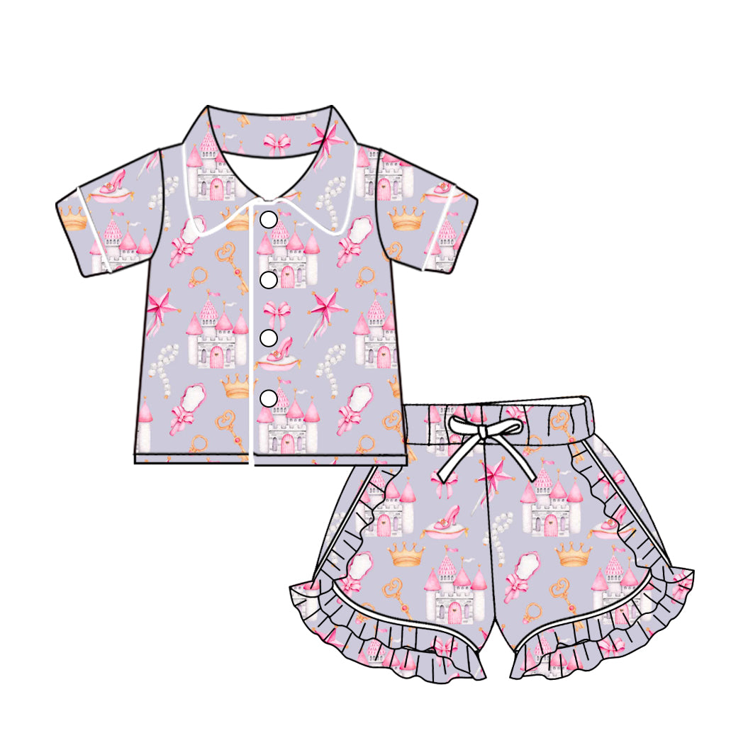 (Custom Design Preorder MOQ 5) Castle Pink Print Girls Summer Pajamas Clothes Set