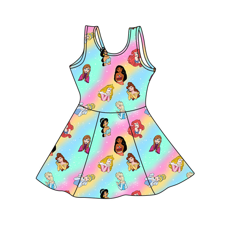 (Custom Design Preorder MOQ 5) Cartoon Princess Print Girls Summer Dress