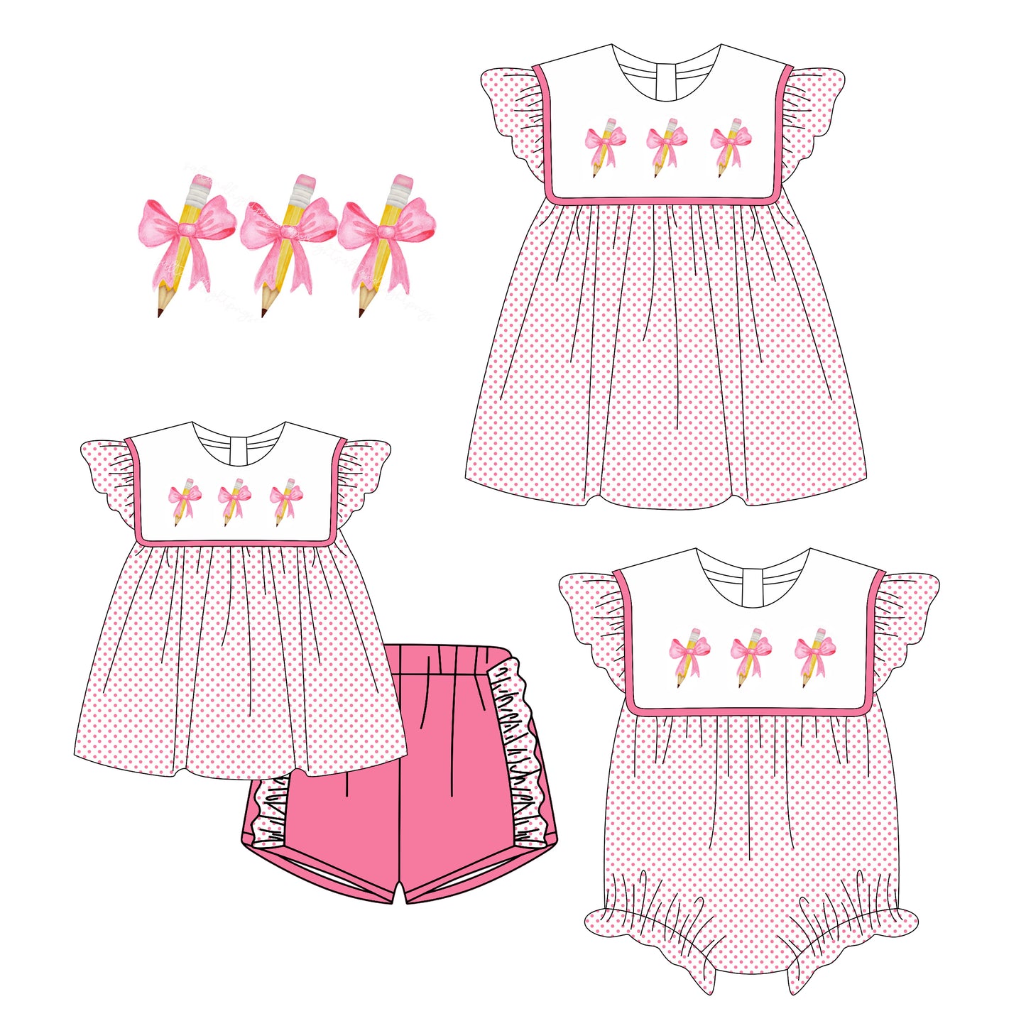 3.6(Custom Design Preorder MOQ 5 Each Design) Pen Bows Print Girls Back to School Matching Clothes Sisters Wear