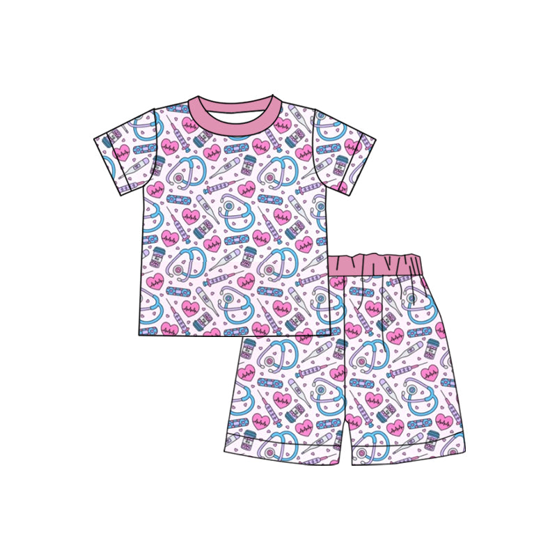 (Custom Design Preorder MOQ 5) Doctor Print Kids Summer Pajamas Clothes Set