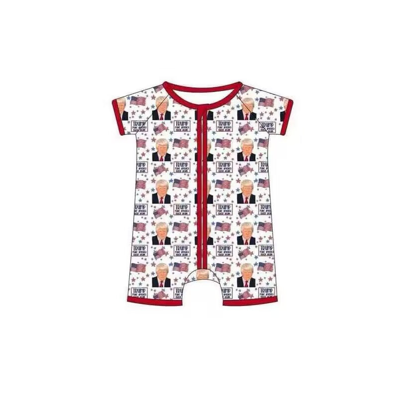 (Custom Design Preorder MOQ 5) TRUMP Flags Print Baby Summer Sleeper Zipper Romper