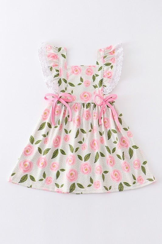 (Custom Design Preorder MOQ 5) Pink Flowers Print Girls Knee Length Summer Dress