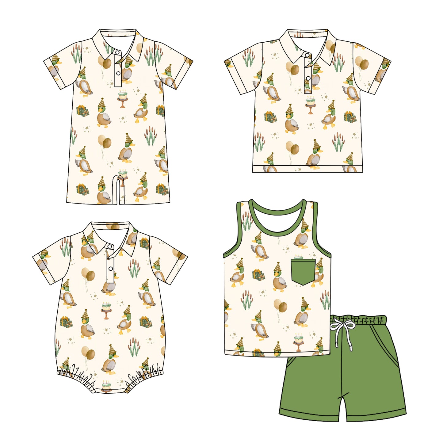 3.10(Custom Design Preorder MOQ 5 Each Design) Duck Cake Gifts Print Boys Summer Birthday Matching Clothes Brothers Wear