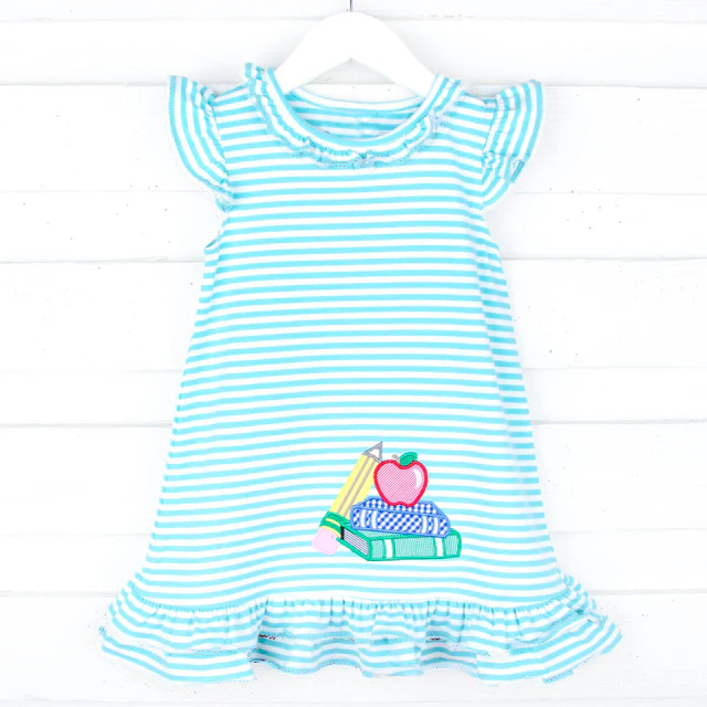 (Custom Design Preorder MOQ 5 ) Book Blue Stripes Print Girls Back to School Knee Length Dress