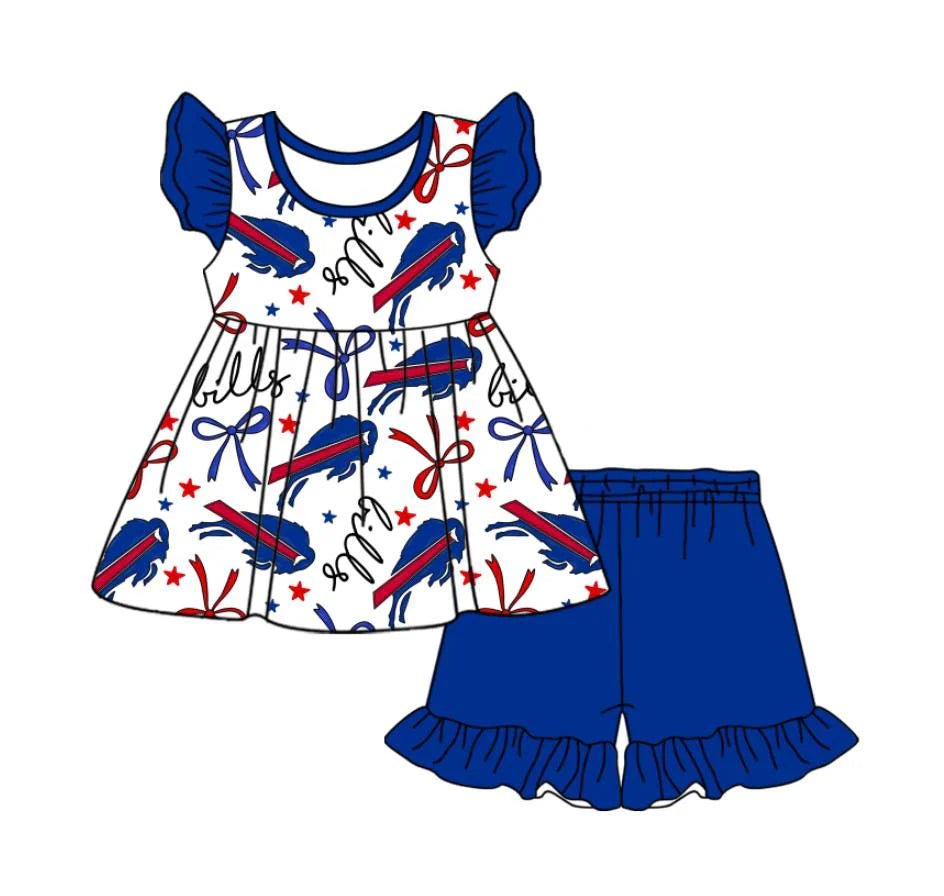 (Custom Design Preorder MOQ 5) Team's Buffalo Bills Bows Top Blue Shorts Girls Summer Clothes Set