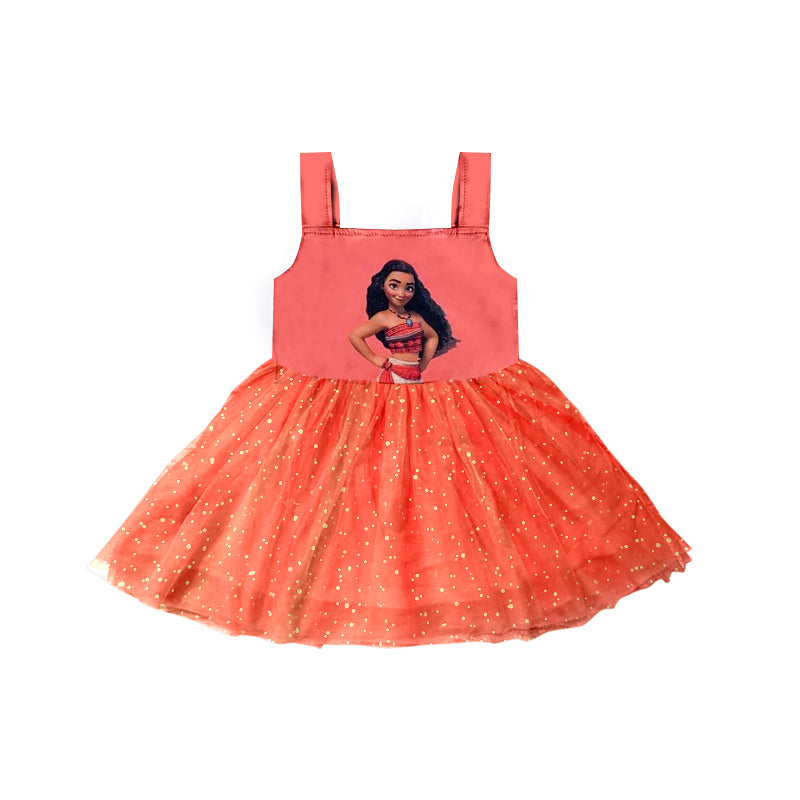 (Custom Design Preorder MOQ 5) Cartoon Princess Orange Print Girls Knee Length Summer Tulle Dress