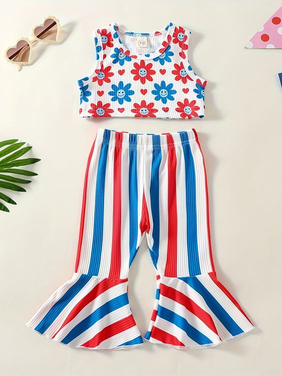 (Custom Design Preorder MOQ 5) Flowers Smiling Face Top Stripes Bell Pants Girls 4th of July Clothes Set