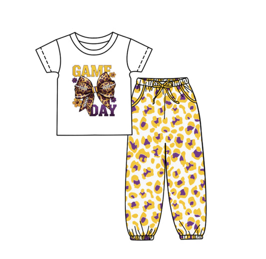 (Custom Design Preorder MOQ 5) Game Day Bow Top Yellow Leopard Joggers Pants Girls Clothes Set