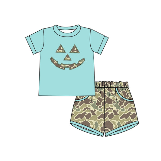 (Custom Design Preorder MOQ 5) Smiling Blue Top Camo Shorts Boys Halloween Clothes Set