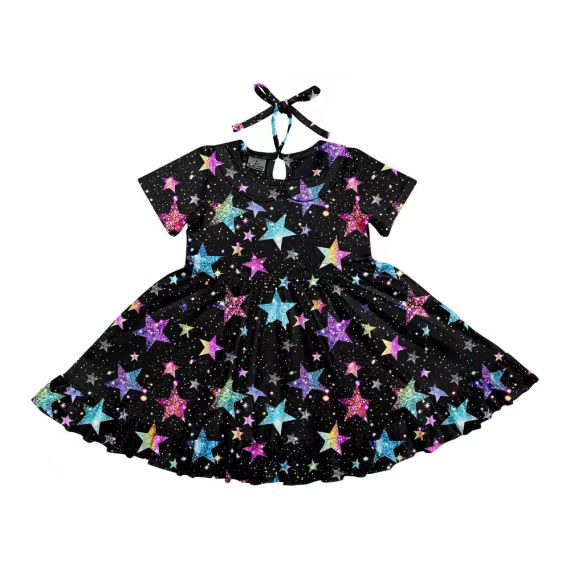(Custom Design Preorder MOQ 5) Colorful Stars Print Girls Summer Knee Length Dress