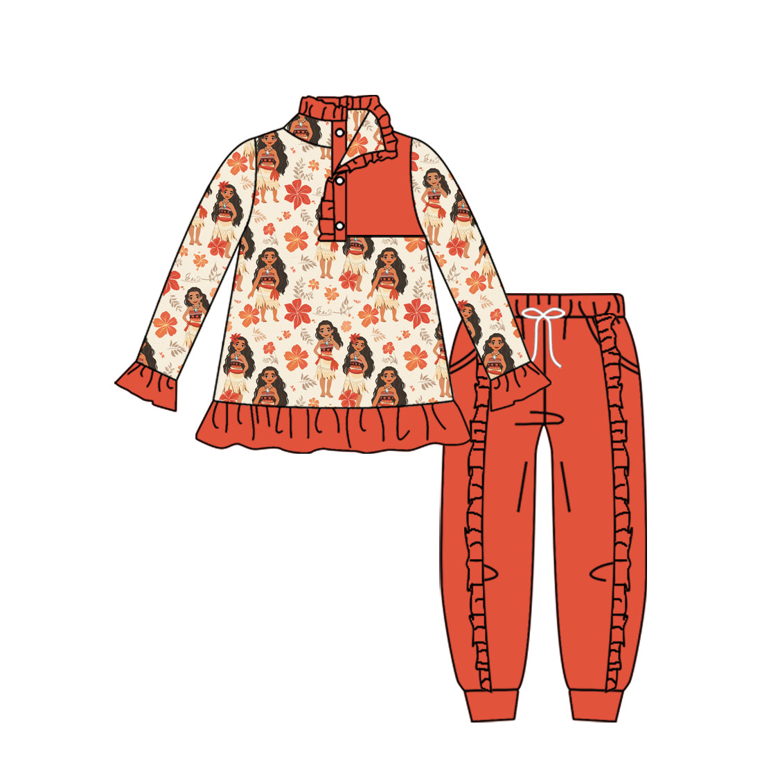 11.16(Custom Design Preorder MOQ 5) Cartoon Princess M*ana Pullover Top Red Pants Girls Fall Clothes Set