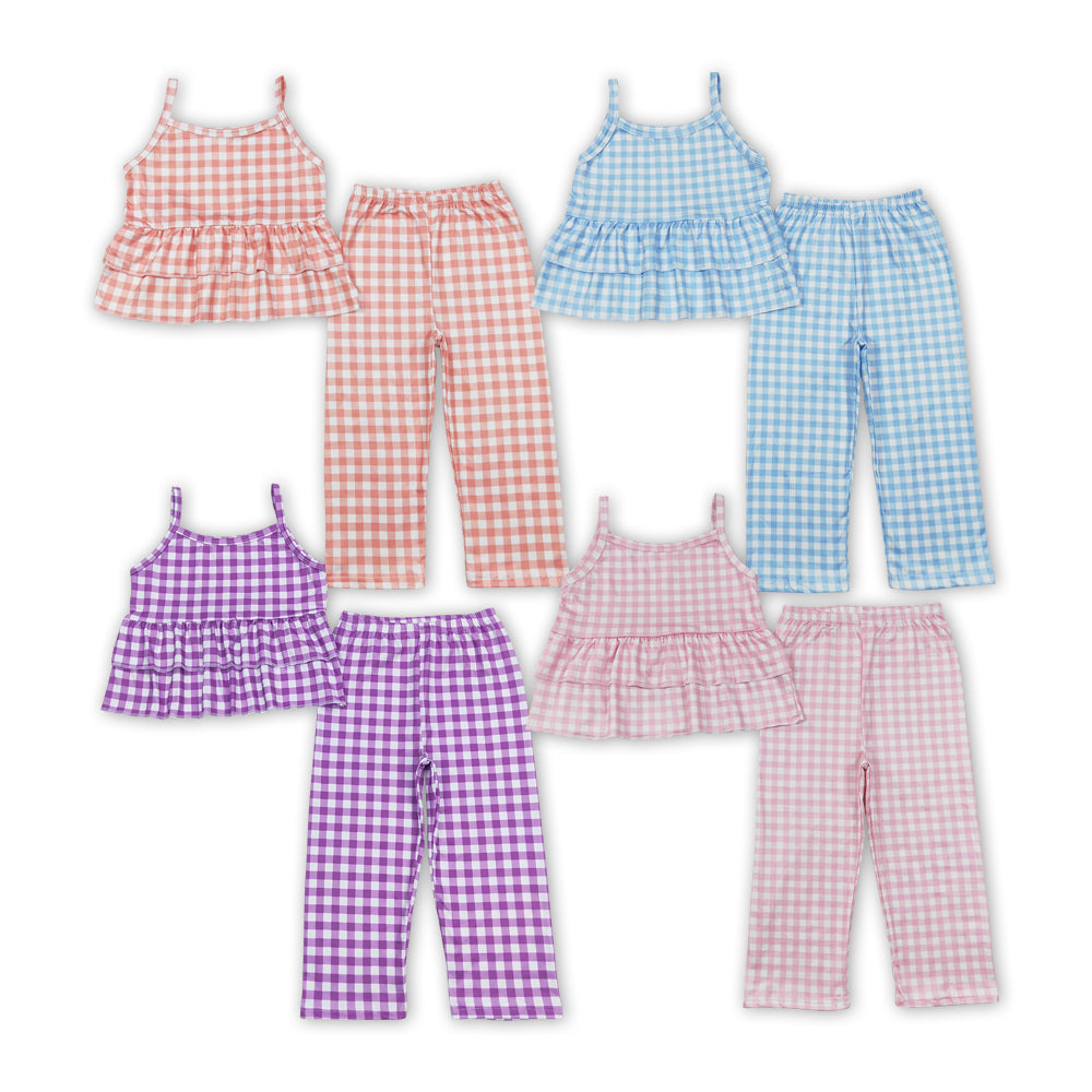 4 Colors Plaid Print Girls Clothes Set Sisters Wear