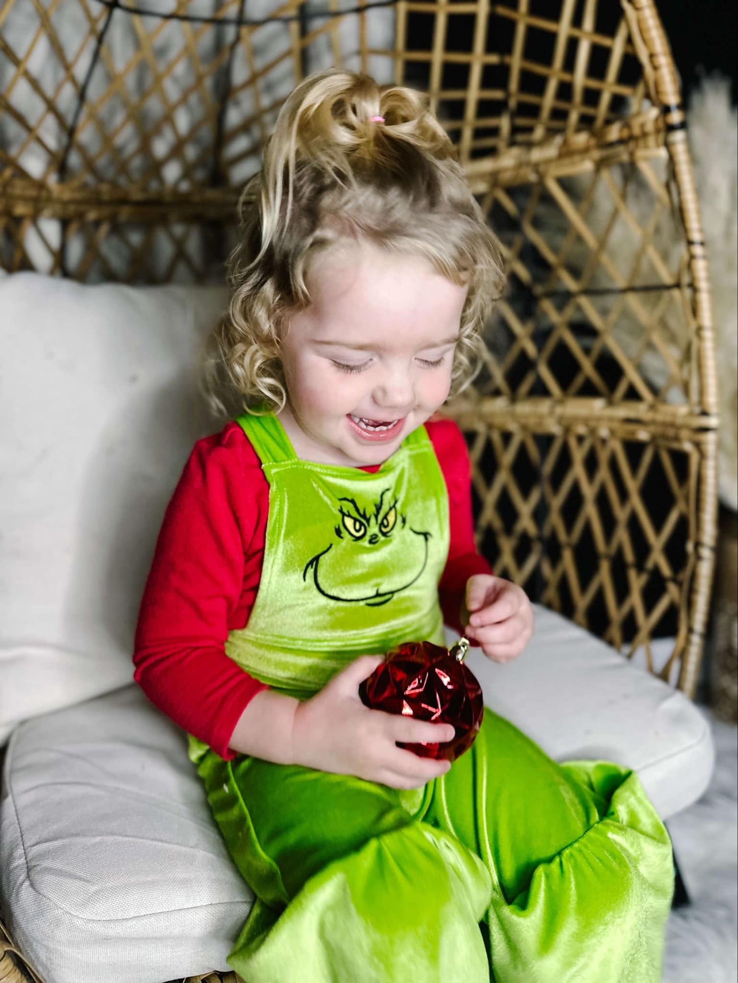 SR2013 Green Frog Face Embroidery Girls Christmas Velvet Jumpsuits