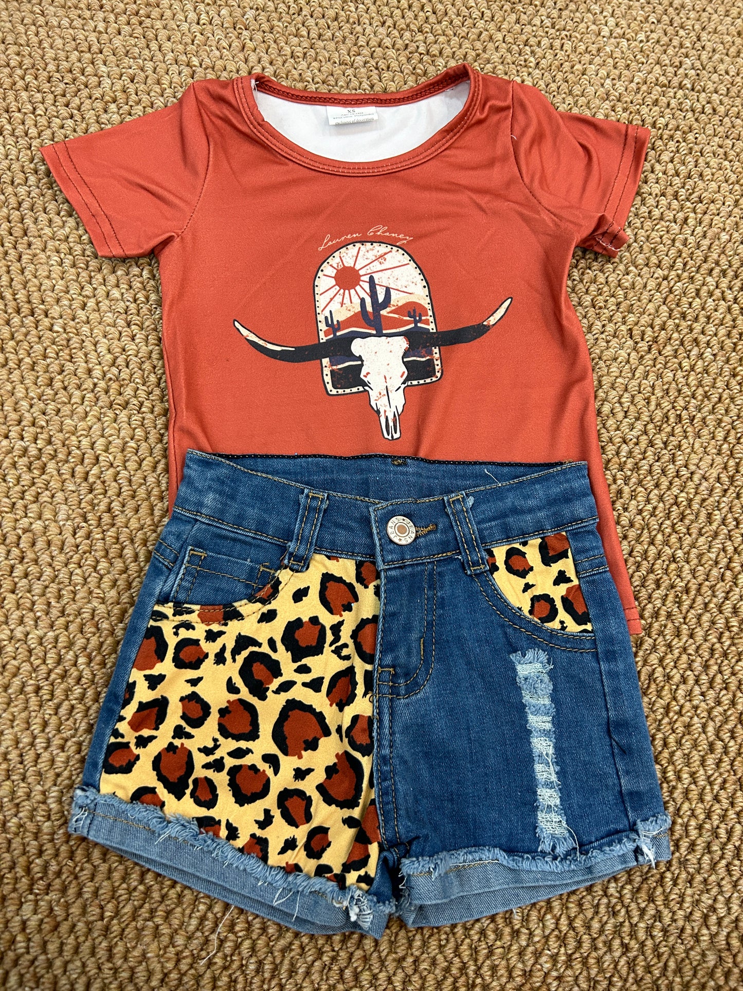GT0106+D5-14+GB0008 Cow Skull Top Leopard Denim Shorts Girls 3 Pieces Summer Outfits