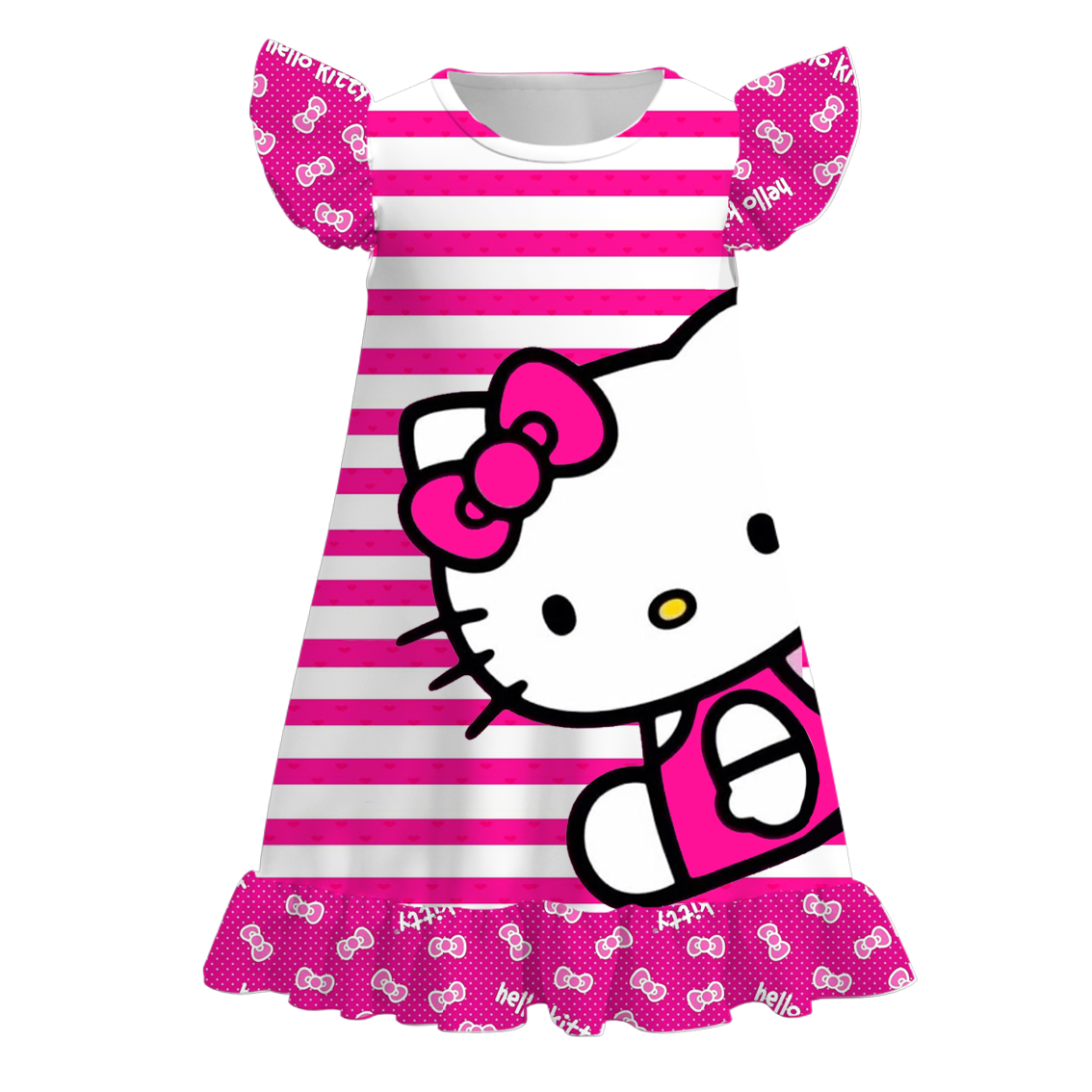 (Custom Design Preorder MOQ 5) Cartoon Cat Pink Stripes Print Girls Knee Length Summer Dress