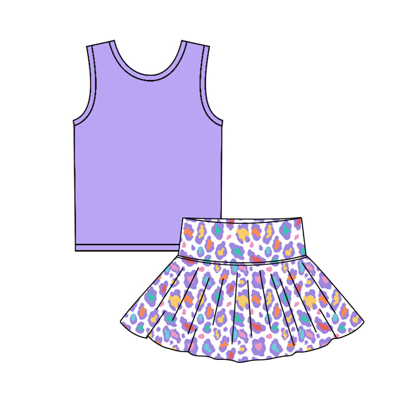 3.10(Custom Design Preorder MOQ 5) Purple Tank Top Colorful Leopard Skirts Girls Summer Clothes Set