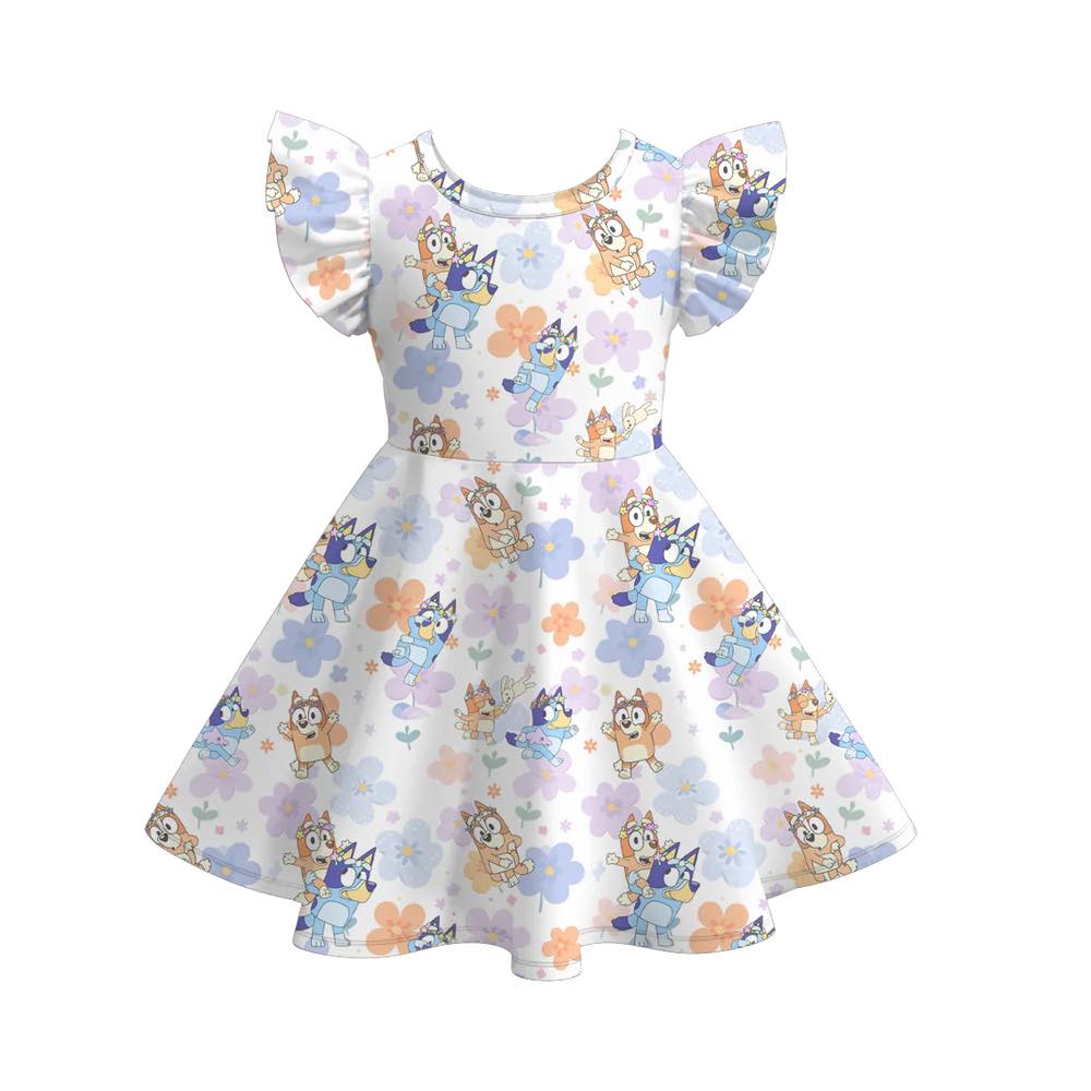 (Custom Design Preorder MOQ 5) Cartoon Dog Flowers Print Girls Summer Knee Length Dress