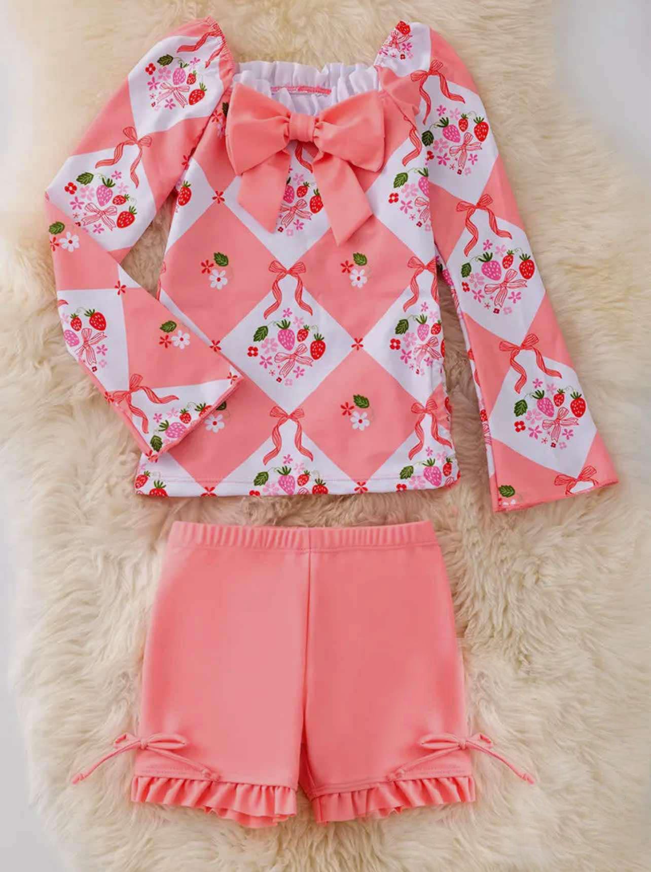 (Custom Design Preorder MOQ 5) Strawberry Pink Bows Print Girls 2 Piece Swimsuits