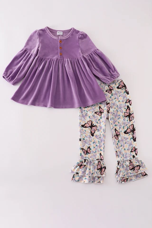 (Custom Design Preorder MOQ 5) Purple Velvet Tunic Top Butterfly Pants Girls Fall Clothes Set