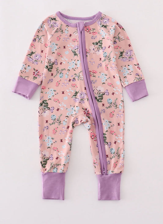 (Custom Design Preorder MOQ 5) Flowers Print Baby Girls Fall Sleeper Zipper Romper