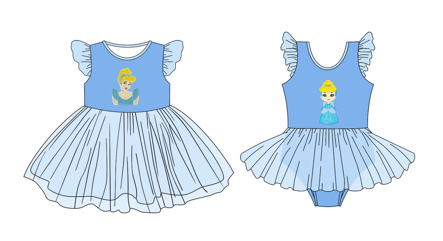 3.11(Custom Design Preorder MOQ 5 Each Design) Cartoon Princess Blue Print Girls Summer Tulle Matching Clothes Sisters Wear