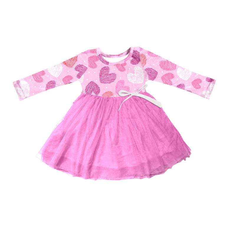 (Custom Design Preorder MOQ 5) Pink Heart Print Girls Valentine's Knee Length Tulle Dress