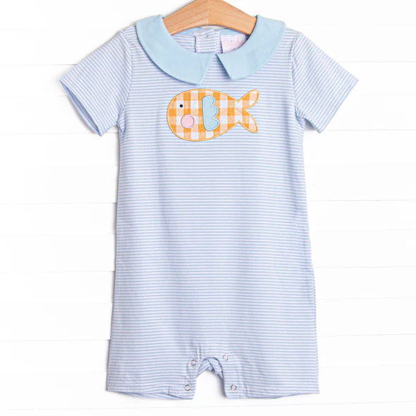 (Custom Design Preorder MOQ 5) Fish Stripes Print Baby Boys Summer Romper