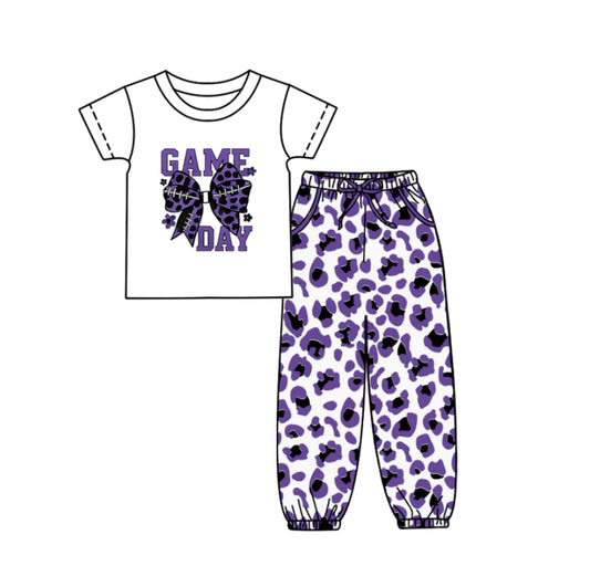 (Custom Design Preorder MOQ 5) Game Day Bow Top Purple Leopard Joggers Pants Girls Clothes Set