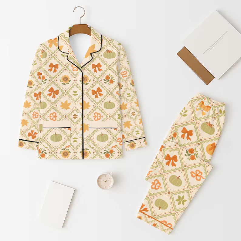 (Custom Design Preorder MOQ 5 Each Design) Sunflowers Pumpkin Bows Print Pajamas Outfits Mom and Me Fall Matching Clothes