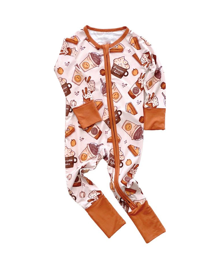 (Custom Design Preorder MOQ 5) Smiling Face Coffee Pumpkin Print Baby Fall Sleeper Zipper Romper