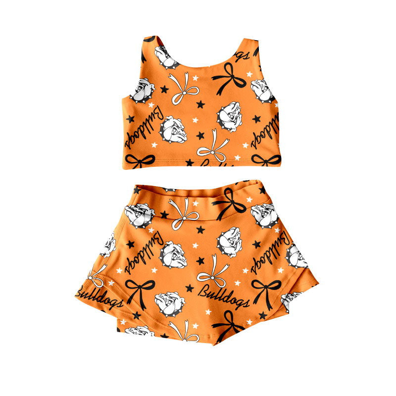 (Custom Design Preorder MOQ 5) Team's Bulldogs Orange Bows Print Shorts Skirts Girls Summer Yoga Clothes Set