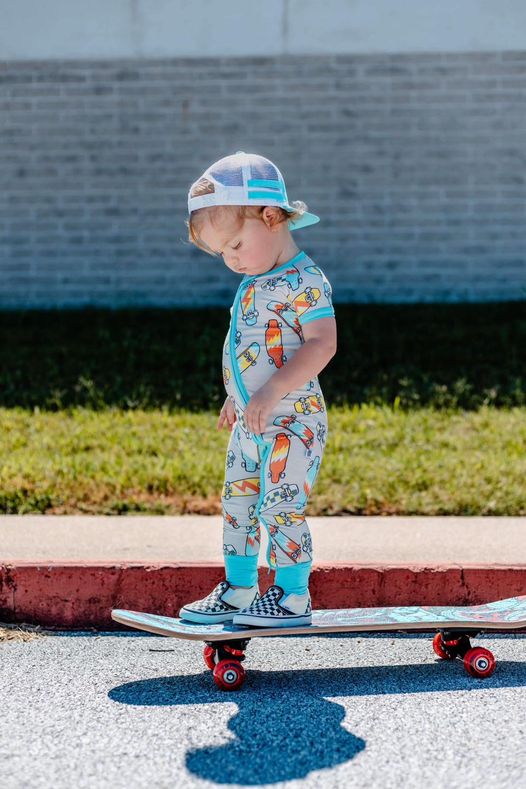 (Custom Design Preorder MOQ 20) Scooter Blue Print Baby Boys Bamboo Sleeper Zipper Romper