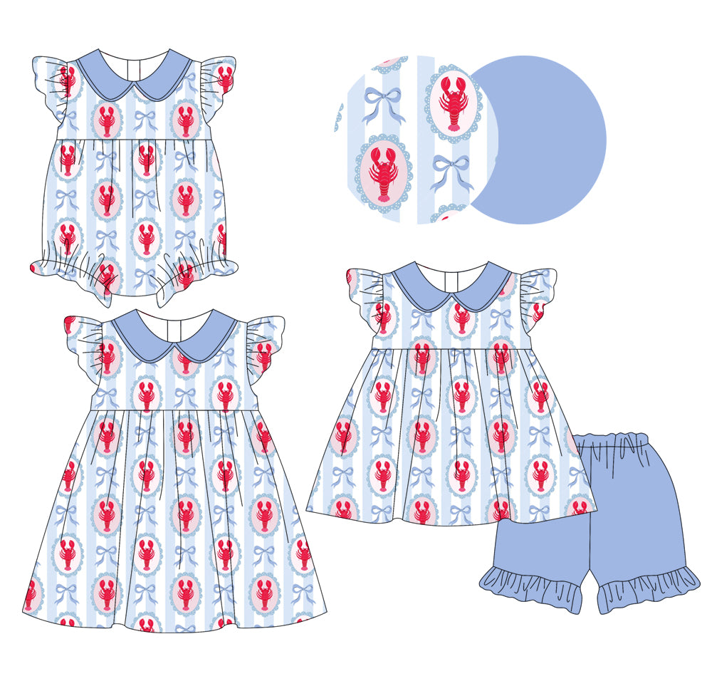 12.4 (Custom Design Preorder MOQ 5 Each Design) Crayfish Bows Stripes Print Girls Summer Matching Clothes Sisters Wear