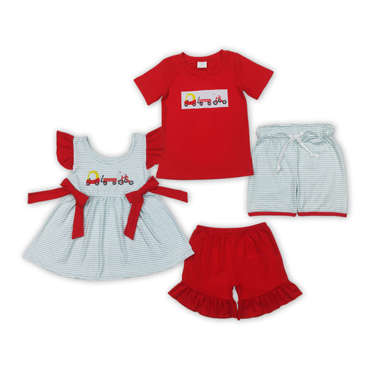 Baby Trucks Embroidery Stripes Top Red Shorts Kids Summer Clothes Sibling Wear