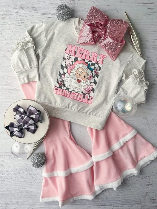(Custom Design MOQ 5) Santa Grey Top Pink Bell Pants Girls Christmas Outfits