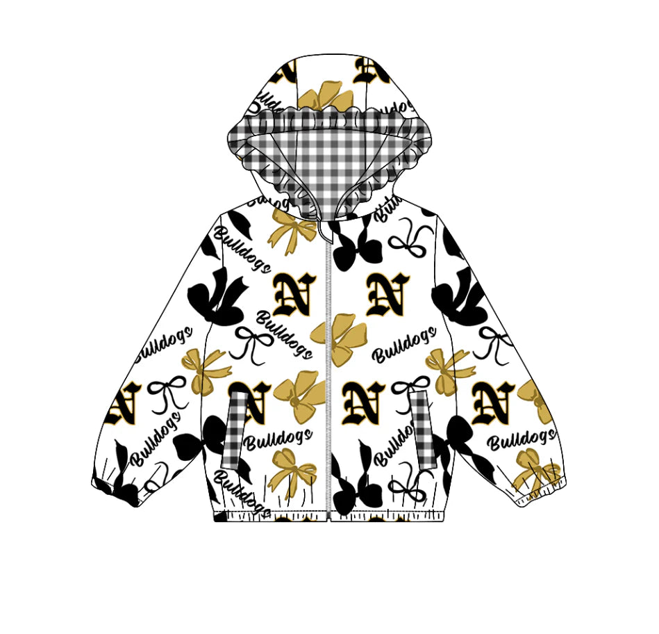 (Custom Design Preorder MOQ 5) Team's BULLDOGS Bows Plaid Print Pockets Girls Long Sleeve Zipper Jackets Top