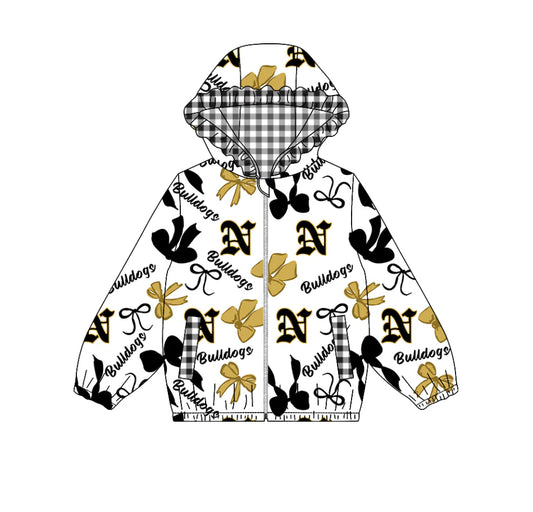 (Custom Design Preorder MOQ 5) Team's BULLDOGS Bows Plaid Print Pockets Girls Long Sleeve Zipper Jackets Top